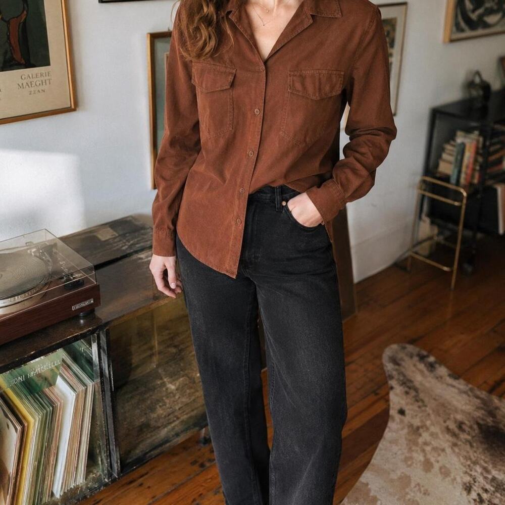Vintage Notations Petite Brown 100% Silk Utility Button Up Shirt S